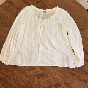 J.Jill Top, Peasant Blouse, White Boho, Womens XL with White Embroidery